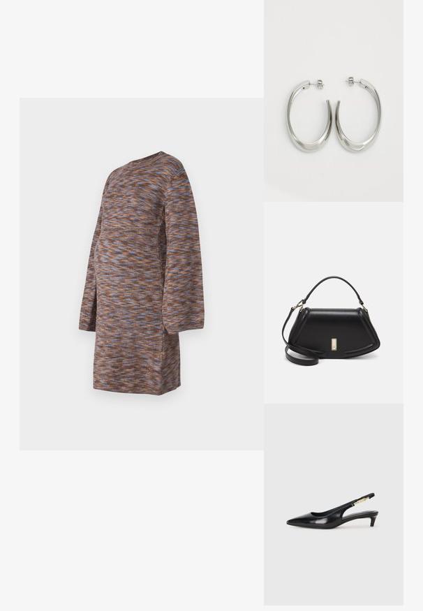 Stickad klänning i brunt med blå och orange marmorering, långa ärmar, rund halsringning och en avslappnad passform designad för komfort.; Svart läder slingback-hälar med spetsig tå, med en smal klack och en guldtonad detalj på den justerbara remmen. Slät textur.; Svart läderhandväska med en strukturerad design, som har en avskuren form, ett handtag upptill och guldiga detaljer. Justerbar axelrem ingår.; Silverfärgade hoopsörhängen med en slät, böjd design. Har en glänsande metallisk yta och ett stiftlås. Inga synliga mönster eller detaljer.