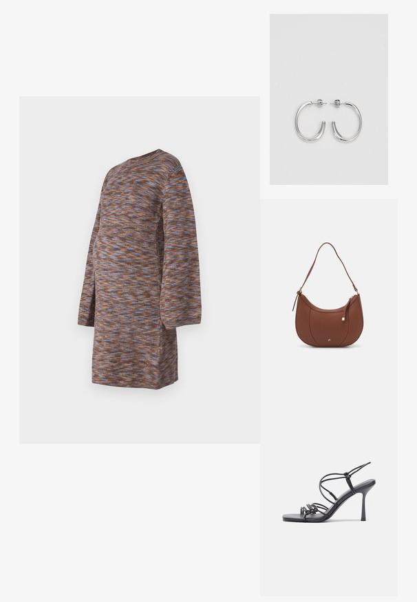 Kootud kleit pruunis, millel on sinised ja oranžid marmoreeritud mustrid, pikad varrukad, ümar kaelus ja lõdva lõikega, mis on loodud mugavuse tagamiseks.; Mustad musta värvi kontsandaalid on varustatud peente rihmadega, millel on sõlmekujundus, siledad ruudukujulised varbad ja stiilne stilettokonts.; Pruun faux nahast õlaline kott, millel on kaarjas kuju, minimaalne õmblemine ja kuldse tooni metallist aksessuaar. Omab ülemist tõmblukku ja reguleeritavat rihma.; Hõbedased rõngaskõrvarõngad, millel on sile ja läikiv pind. Ümar kuju, kerge disain, millel on post-tagumise kinnituse süsteem.
