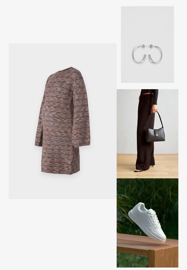 Robe en tricot marron avec un motif marbré bleu et orange, manches longues, encolure ronde et coupe décontractée conçue pour le confort.; Sneakers blanches avec une tige synthétique lisse, un avant perforé, des lacets plats et une semelle texturée, présentées sur une surface en bois.; Sac à main noir à la forme structurée, texture lisse et fermoir métallique. Associé à un pantalon noir ample et des sandales ouvertes sur un sol en bois.; Boucles d'oreilles créoles en argent avec une surface lisse et brillante, présentant une forme incurvée et une fermeture à tige. Design minimaliste avec une finition moderne.