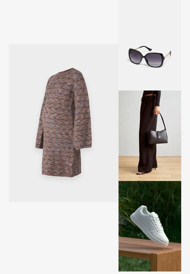 Robe en tricot marron avec un motif marbré bleu et orange, manches longues, encolure ronde et coupe décontractée conçue pour le confort.; Sneakers blanches avec une tige synthétique lisse, un avant perforé, des lacets plats et une semelle texturée, présentées sur une surface en bois.; Lunettes de soleil noires surdimensionnées avec des verres dégradés, monture épaisse et détails en chaîne dorée sur les branches.; Sac à main noir à la forme structurée, texture lisse et fermoir métallique. Associé à un pantalon noir ample et des sandales ouvertes sur un sol en bois.