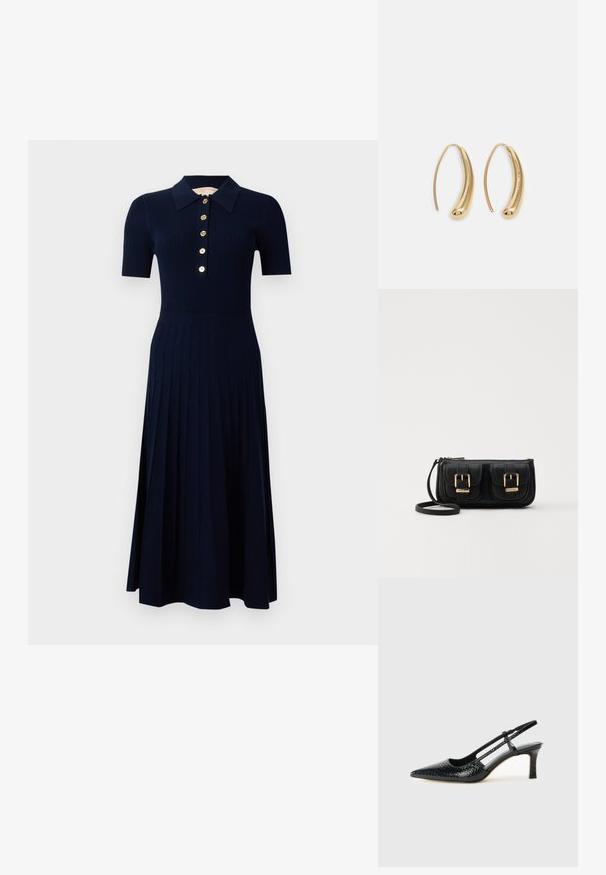 Marineblå ribbestrikket kjole med korte ermer, krage, fem gullknapper og en utsvingt, plissert skjørt. Myk tekstur og tettsittende midje.; Sorte patent slingback hæl med spids tå, featuring tekstureret slangeskind, justerbar rem og en kort, tekstureret blokhæl.; Svart skinn crossbody veske med to frontlommer, gyldne spenner, glidelåslukking og en slank stropp. Teksturert overflate og kompakt rektangulær form.; Gullfargede metalløredobber med en buet, forlenget form. Har en jevn, blank overflate og en avrundet tupp for ekstra detaljer.
