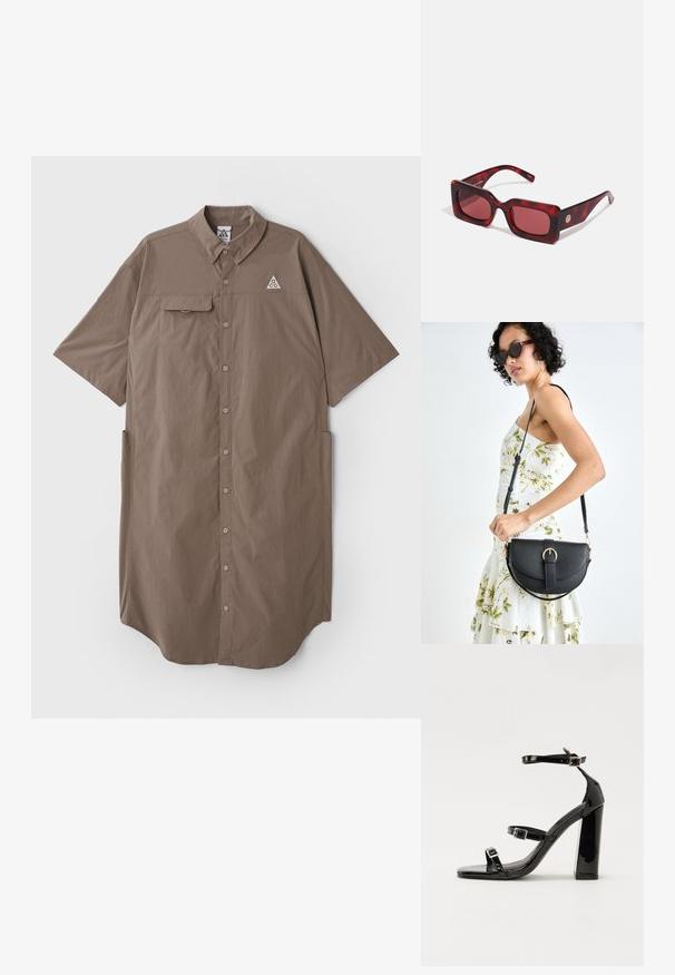 Brun kortermet skjortekjole med krage, knappestolpe, enkelt brystlomme og logodetalj på øvre venstre bryst.; Svart høyglans sandaler med hæl, firkantet tå, ankelremmer og sølvspenner. Har en kraftig blokkhæl for stabilitet.; Rødtonede rektangulære solbriller med en tykk skilpaddefarget innfatning. Har et gullfarget accent på stangen. Glatt tekstur og blank finish.; Svart lærveske med en buet form, avtagbar stropp og gullbeslag. Vesken har et klaff med spenne-detall.