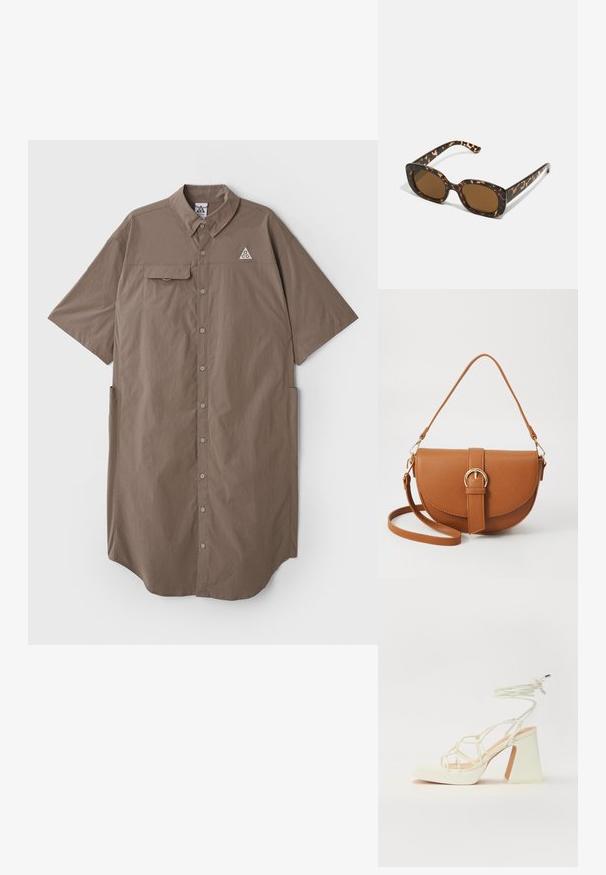 Rochie cămașă scurtă, maro, cu mânecă scurtă, guler, închidere cu nasturi, un singur buzunar pe piept și detaliu de logo în partea stângă sus a pieptului.; Sandale albe cu toc înalt și gros, cu un design cu curele și legătură la gleznă. Textură netedă, cu o platformă frontală pentru înălțime suplimentară.; Ochelari de soare cu chelă de broască țestoasă, având un cadru rotund și voluminos, cu lentile maro. Prezintă modele subtile și brațe drepte, conice.; Geantă din piele maro, tip crossbody, cu o formă curbată, accesorii aurii și un accent cu cataramă. Dispune de un curea de umăr detașabilă.