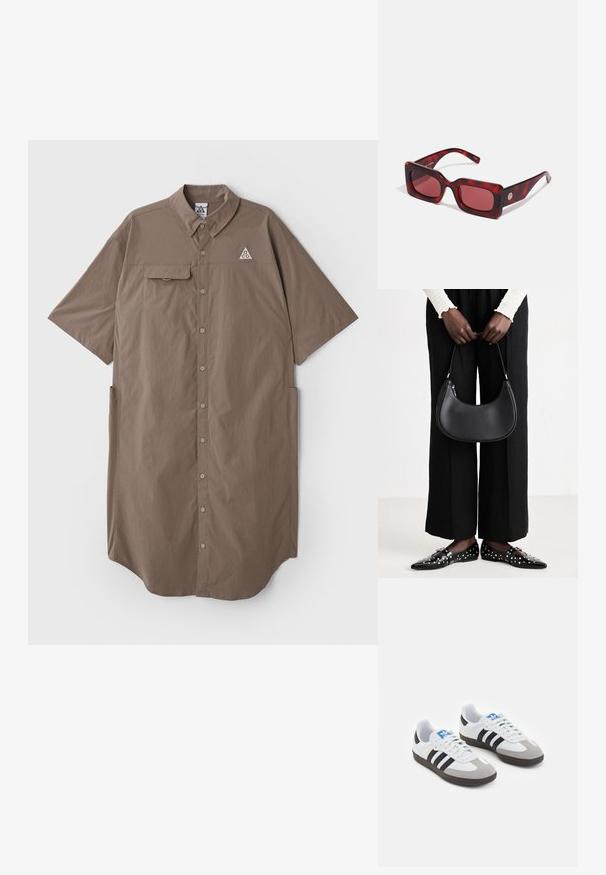 Brąsłowa sukienka koszulowa z krótkim rękawem, z kołnierzykiem, zapinana na guziki, z jedną kieszenią na piersi i detalem z logo na górnej lewej stronie klatki piersiowej.; Buty sportowe z białą skórzaną cholewką, szarym zamszowym noskiem i trzema czarnymi paskami. Posiadają niebieskie logo na języku oraz teksturowaną gumową podeszwę.; Czerwone prostokątne okulary przeciwsłoneczne z grubą oprawą w kolorze żółwia. Zawierają złoty akcent na skroni. Gładka faktura i błyszczące wykończenie.; Czarna skórzana torba na ramię o zaokrąglonym kształcie, z połyskującym wykończeniem i srebrnymi akcentami. Osoba w czarnych spodniac wyszczuplających i znaczonymi loafersami.