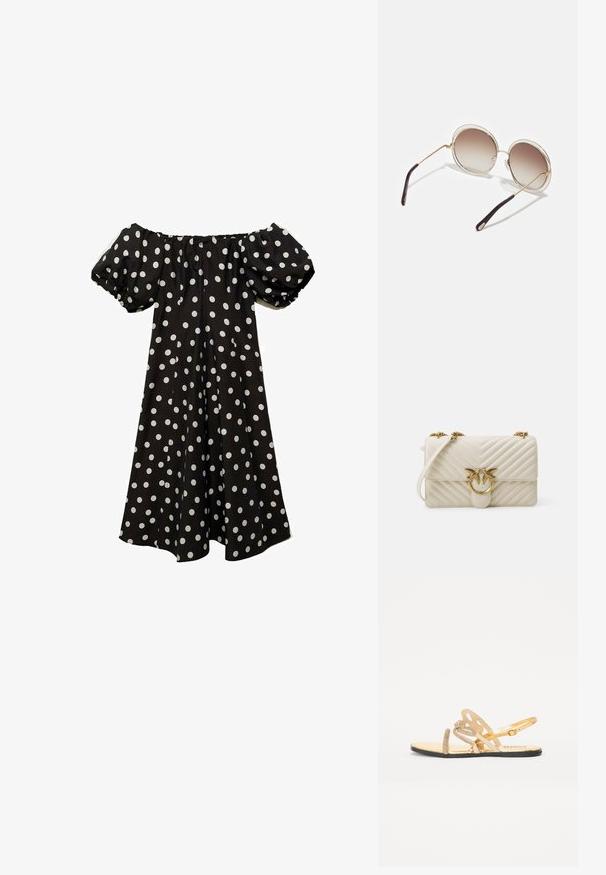 Robe noire décolletée avec des pois blancs, manches bouffantes et une silhouette fluide. Fabriquée en tissu léger avec une texture lisse.; Sandales dorées avec une semelle plate, plusieurs lanières, des détails embellis et un design découpé à motifs sur le dessus.; CHLOÉ CARLINA OVERSIZED ROUND METAL SUNGLASSES - Lunettes de soleil - gold-coloured/brown; Sac à main crème matelassé avec un fermoir en forme d'oiseau doré, une chaîne en bandoulière et un motif en chevrons texturé. Il dispose d'une fermeture à rabat et d'une forme compacte.