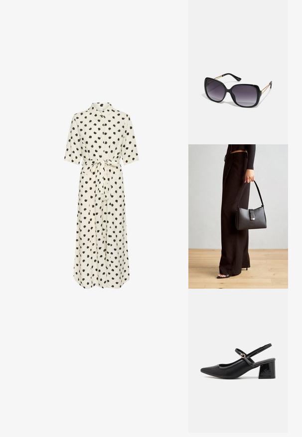 Krämfärgad klänning med svarta prickar, knapprad framtill, korta ärmar och knytbar midja. Slätt tyg, ankellång, lös silhuett.; Svarta lackläder slingback-klackar med spetsig tå, en rundad utskärning och en blockklack. Utsmyckad med en spänne i guldton.; Svarta överdimensionerade solglasögon med gradientlinser, tjocka bågar och kedjedetaljer i guldton vid tempelarmarna.; Svart handväska med strukturerad form, slät yta och metallspänne. Matchad med vida svarta byxor och sandaler med öppen tå på trägolv.