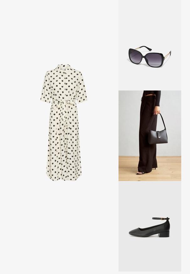 Kremsa kleita ar melniem punktiņiem, pogājamā priekšpuse, īsas piedurknes un sasieta josta. Gluda auduma, līdz potītei, vaļīga silueta.; Melnas ādas sūkņi ar smailu purngalu un zemu bloku papēdi. Iezīmēts ar potītes siksniņu ar zelta krāsas sprādzi. Gluda tekstūra.; Melni pārmērīgi lieli saulesbrilles ar gradāciju lēcām, biezām rāmja malām un zeltainas krāsas ķēžu detaļām uz tempļiem.; Melnā somiņa ar strukturētu formu, gludu tekstūru un metālu sprādzi. Saskaņota ar platām melnām biksēm un sandālēm ar atvērtu purngalu uz koka grīdas.