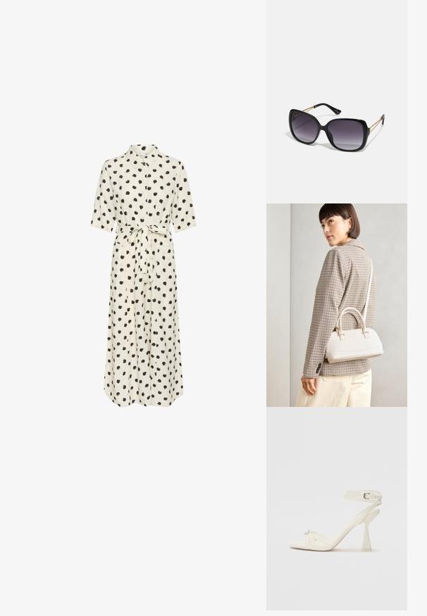 Cremfarbendes Kleid mit schwarzen Punkten, Knopfleiste vorne, kurzen Ärmeln und gebundenem Taillengürtel. Glattes Material, knöchellang, lockere Silhouette.; Sandaletten aus weißem Leder mit hohen Absätzen, schlankem Design, transparentem Blockabsatz und einem dekorativen Element an der Zehe.; Schwarze übergroße Sonnenbrille mit getönten Gläsern, dicken Rahmen und goldfarbener Kettendetaillierung an den Bügeln.; Weiße strukturierte Handtasche mit kurzen Griffen und einem Schultergurt, ausgestattet mit goldfarbenen Hardware-Elementen und strukturiertem Material, vor einem grauen Hintergrund präsentiert.