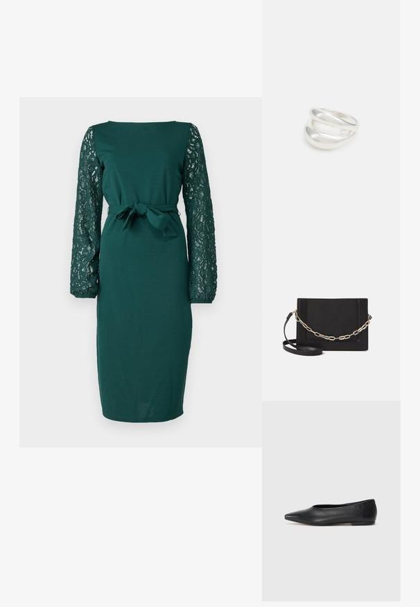 Žalia suknelė su ilgomis nėrinių rankovėmis, prigludusia siluetu, apvalia iškirpte ir surištu juosmens detaliu. Lygus audinys su tekstūriniais nėrinių akcentais.; Juodas odinis baleto batas, su smailiu pirštu, minimalistinio dizaino, lygiu paviršiumi, žemo profilio kulnu, be matomos aparatūros ar papuošimų.; Juodas odinis per petį nešiojamas krepšys turi lygų paviršių, stačiakampio formą ir metalinę grandinėlę priekyje. Pridedama reguliuojama dirželis.; Sidabrinis dvigubas žiedas su lygiu, poliruotu paviršiumi. Pasižymi sklandžiu, kreiptu dizainu su persipinančiomis dalimis, suteikiančiomis modernų išvaizdą.