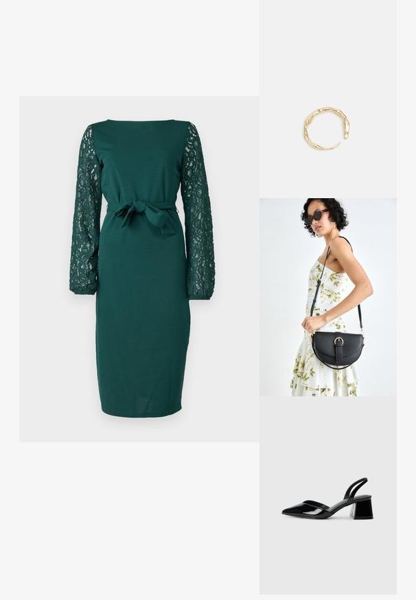 Žalia suknelė su ilgomis nėrinių rankovėmis, prigludusia siluetu, apvalia iškirpte ir surištu juosmens detaliu. Lygus audinys su tekstūriniais nėrinių akcentais.; Juodos lakuotos odinės šlepetės su smailiu pirštu ir geometriniu bloko kulnu. Turi elegantišką, minimalistinį dizainą ir lygų paviršių.; Juodas odinis krepšys su išlenkta forma, nuimamu dirželiu ir auksiniais detalėmis. Krepšys turi kilpą su sagtimi.; Auksinės spalvos žiedas, turintis organišką, sukimosi dizainą su lygiu paviršiumi ir siaurėjančiais galais, sukuriantis modernią skulptūrinę išvaizdą.