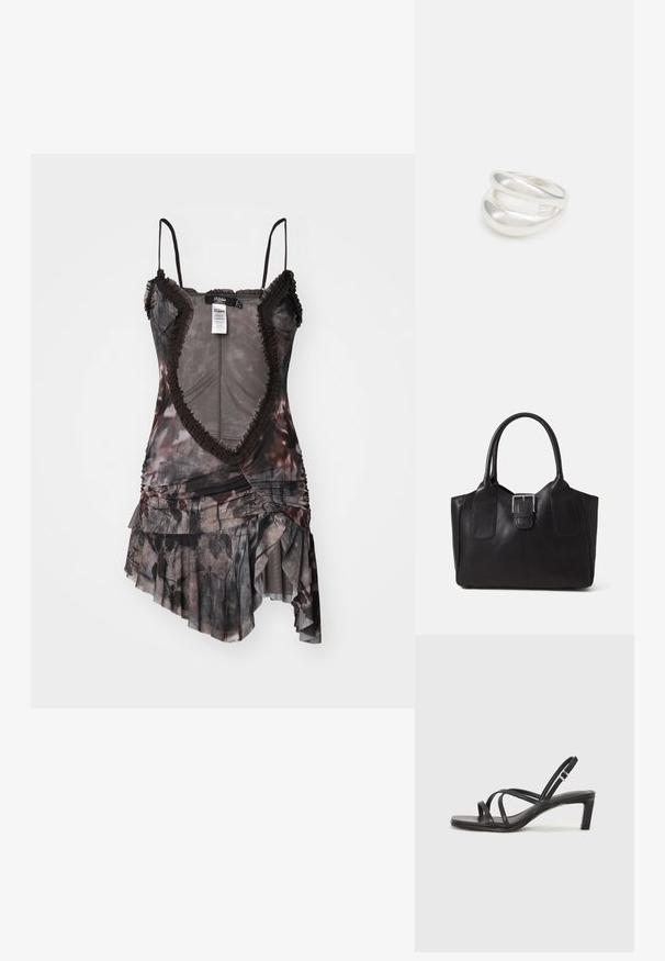 Asimetrična obleka v temnih odtenkih s cvetličnim printom. Ima nagubane robove, tanke naramnice in gubano tkanino.; Črne natikače s trakovi in kvadratnim prstom ter nizkim blokastim peto. Imajo več tankih trakov in nastavljiv trak okoli gležnja. Narejene so iz gladkega usnja.; Črna usnjena torba s gladko teksturo, strukturirano obliko, dvema ročkama in izrazitim srebrnim sponko na sprednji strani.; Srebrn dvojni prstan z gladko, polirano površino. Ima tekoč, ukrivljen dizajn z prekrivajočimi se sekcijami za sodoben videz.