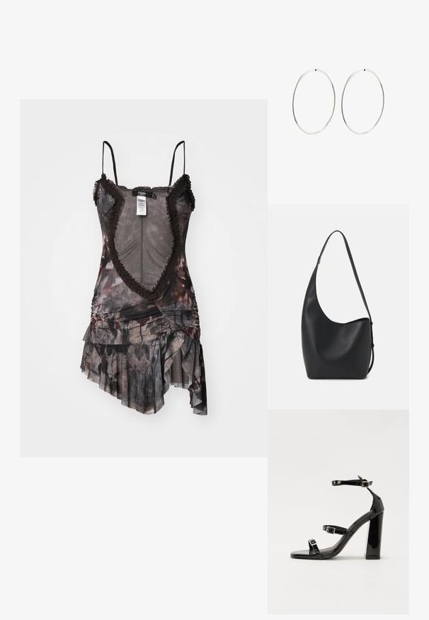 Asimetrisks kleita tumšās krāsās ar ziedu rakstu. Aprīkota ar saplēstiem malām, plānām siksnām un savāktas auduma detaļām.; Melnas lakotas augstpapēžu čības ar kvadrāta purngalu, potīšu siksniņām un sudraba sprādzēm. Aprīkotas ar masīvu bloku papēdi stabilitātei.; Melnas ādas hobo soma ar gludu tekstūru, izliekta forma un vienu regulējamu jostu; augšā ir plaša atvere.; Sudraba riņķa auskari ar gludu, apaļu dizainu un pulētu apdari. Tie ir plāni un viegli, ar vienkāršu aizdari.