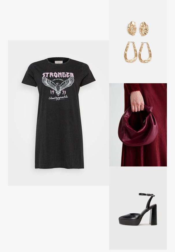 Melnas kokvilnas T-kreklu kleita ar īsām piedurknēm, kurai ir ērglis un teksts "SPĒCĪGĀKS" rozā un baltā krāsā, paredzēta ikdienas valkāšanai.; Melnas platformas papēžs ar norādītu purngala formu un regulējamu potītes siksniņu. Izgatavotas no gludas ādas, ar masīvu bloku papēdi.; Burgundijas ādas rokassoma ar mīkstu, sakrautu dizainu un apaļu formu. Rokturi ir nostiprināti, parādot gludu tekstūru.; Zelta krāsas auskari ar teksturētām, viļņotām formām. Iekļauts skulpturāls piespraužams modelis un atvērta gredzenveida konstrukcija ar izsistām virsmām.