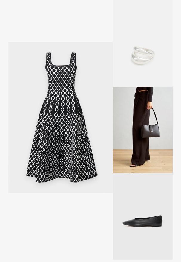 Maje RUSSELY - Obleka/pulover - noir/blanc; Črne usnjene balerinke, koničast toe, minimalističen dizajn, gladka tekstura, nizka peta, brez vidnih kovinskih delov ali okraskov.; Črna torbica z strukturirano obliko, gladko teksturo in kovinskim zaponko. Ujemajo se z širokimi črnimi hlačami in odprtimi sandali na lesenem tleh.; Srebrn dvojni prstan z gladko, polirano površino. Ima tekoč, ukrivljen dizajn z prekrivajočimi se sekcijami za sodoben videz.