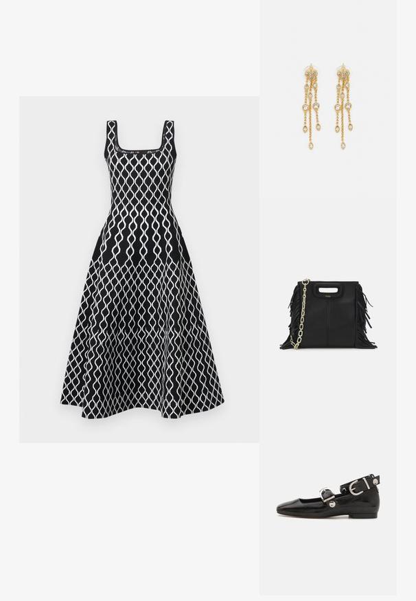 Maje RUSSELY - Vestido de punto - noir/blanc; Zapato plano de charol negro con punta cuadrada, correa de tobillo con herrajes de plata y suela plana. Textura suave con diseño minimalista.; Bolso de mano de cuero negro con detalles de flecos, correa de cadena dorada para el hombro y un asa con corte. Presenta una colocación del logotipo en la parte frontal.; Pendientes en tono dorado con múltiples cadenas en cascada, que cuentan con acentos de strass ovalados claros y parte superior decorativa de tachuelas.