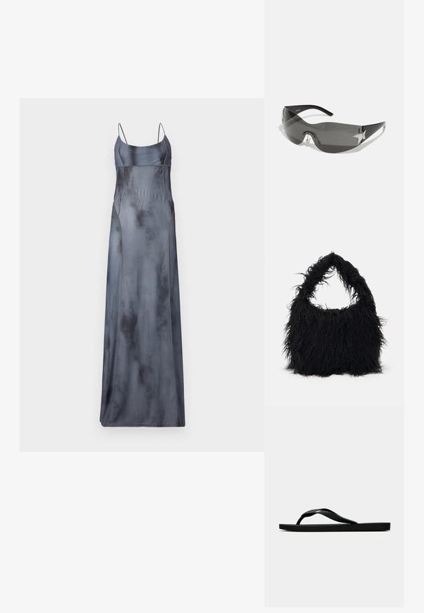 Dlouhé saténové šaty ve vybledlé šedé barvě s tenkými ramínky, zahrnující zakřivené švy a hladkou, mírně lesklou texturu.; Černé gumové žabky s texturovaným páskem a jednoduchou plochou podrážkou, zobrazené z boku na světlém pozadí.; Černé sluneční brýle s okrajem kolem celého obličeje, tmavými skleněmi, lesklými hvězdicovými akcenty a nastavovacími nosními polštářky.; Even&Odd Velká kabelka - black