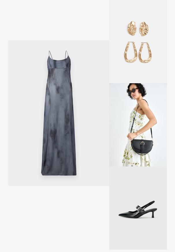 Long, satin slip dress in a muted gray color with thin straps, featuring curved seam details and a smooth, slightly reflective texture.; Black patent leather slingback heels with a pointed toe and a small block heel, featuring a silver buckle accent on the strap.; Black leather handbag with a curved shape, detachable strap, and gold hardware. The bag features a flap with a buckle detail.; Gold-tone earrings featuring textured, wavy shapes. Includes sculptural clip-on studs and open hoop design with a hammered finish.
