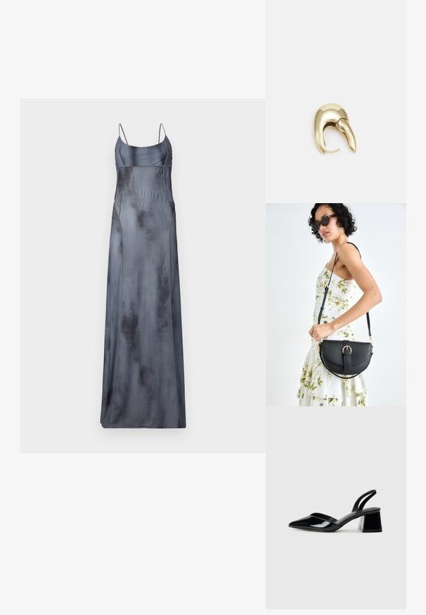 Long, satin slip dress in a muted gray color with thin straps, featuring curved seam details and a smooth, slightly reflective texture.; Black patent leather slingback heels with a pointed toe and a geometric block heel. Features a sleek, minimal design and smooth texture.; Black leather handbag with a curved shape, detachable strap, and gold hardware. The bag features a flap with a buckle detail.; Gold-tone metal earring with a sleek, curved design. Features a distinctive pointed shape, polished surface, and hinge closure.
