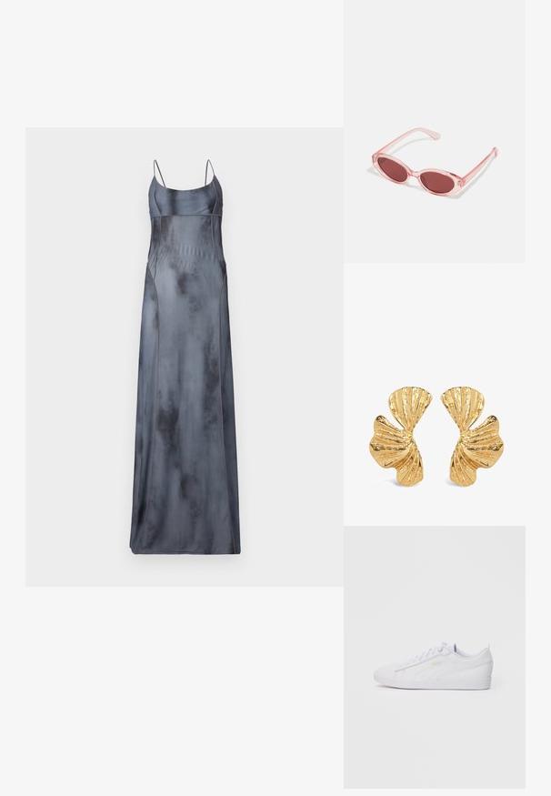 Robe chaînette longue en satin de couleur grise douce avec des bretelles fines, présentant des détails de couture courbée et une texture lisse, légèrement réfléchissante.; Baskets Puma basses blanches avec un laçage à l'avant, un branding subtil sur le côté et la semelle, et une tige en synthétique lisse pour une tenue décontractée.; Lunettes de soleil transparentes roses avec des verres ovales, teintés d'un rouge foncé, et des branches fines, présentant une finition lisse et des détails subtils sur la monture.; Boucles d'oreilles en ton d'or en forme de frondes de coquillage, avec des surfaces texturées et nervurées et une finition polie, idéales pour diverses occasions.