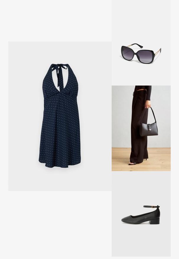 Vestido halter azul-marinho com bolinhas brancas, apresentando um decote profundo, cintura franzida e saia fluida. O tecido tem uma textura suave.; Sandal de pele preta com bico pontiagudo e um salto bloco baixo. Apresenta uma tira no tornozelo com uma fivela em tom dourado. Textura suave.; Óculos de sol oversized pretos com lentes degradê, armações grossas e detalhes em corrente dourada nas hastes.; Bolsa preta com forma estruturada, textura suave e um fecho metálico. Combinada com calças largas pretas e sandálias de salto aberto sobre um chão de madeira.
