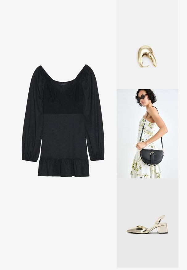 Črna bluzica s kvadratnim izrezom in napihnjenimi rokavi. Narejena iz teksturirane tkanine, ki ima razširjen rob. Preprost oblikovan brez vzorcev ali okrasjev.; Zlati, kovinski slingback čeveljci z ostrim nosom in masivnim peto. Gladka tekstura, minimalistična zasnova in ozka zanka.; Črna usnjena torbica s ukrivljeno obliko, z odstranljivo naramnico in zlatimi dodatki. Torbica ima pokrov s podrobnostmi v obliki zaponke.; Uhane nakit iz zlatastega tona z gladko, ukrivljeno zasnovo. Ima edinstveno koničasto obliko, polirano površino in zaponko s tečajem.