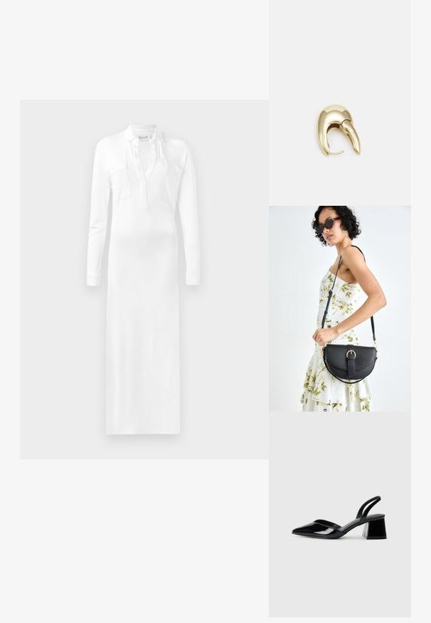 Fehér, hosszú ujjú ruha gallérral és két mellzsebbel, sima anyagból készült, amely a földig ér. Placket nyitással rendelkezik.; Fekete lakk bőr szandálkés magas sarkú cipő, hegyes orral és geometrikus tömbsarkakkal. Karcsú, minimalista dizájn és sima textúra jellemzi.; Fekete bőrtáska ívelt formával, levehető pánttal és arany színű fémrészekkel. A táskán egy csattal díszített fedél található.; Aranyszínű fém fülbevaló, elegáns, ívelt formával. Különleges hegyes alak, fényes felszín és zsanéros záródás jellemzi.