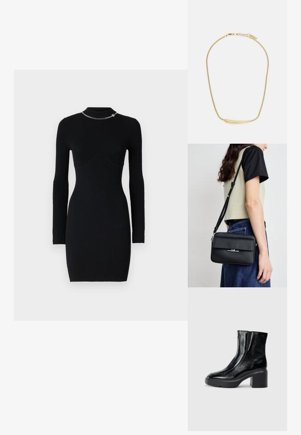Zwart geribbelde lange mouw jurk met een bodycon pasvorm. Heeft een opstaande kraag en een zilveren kettingaccent bij de kraag. Zachte textuur.; Zwarte gepatenteerde leren enkellaarsjes met een gebogen neus, elastische zijpanelen en een chunky blokhak. Voorzien van een reliëflogo aan de achterkant.; Calvin Klein LINEAR CAMERA BAG - Schoudertas - black; Gouden ketting met een gladde, gebogen centrale accenten. Beschikt over een flexibele ketting met een kreeftsluiting en extra verstelbare schakels.