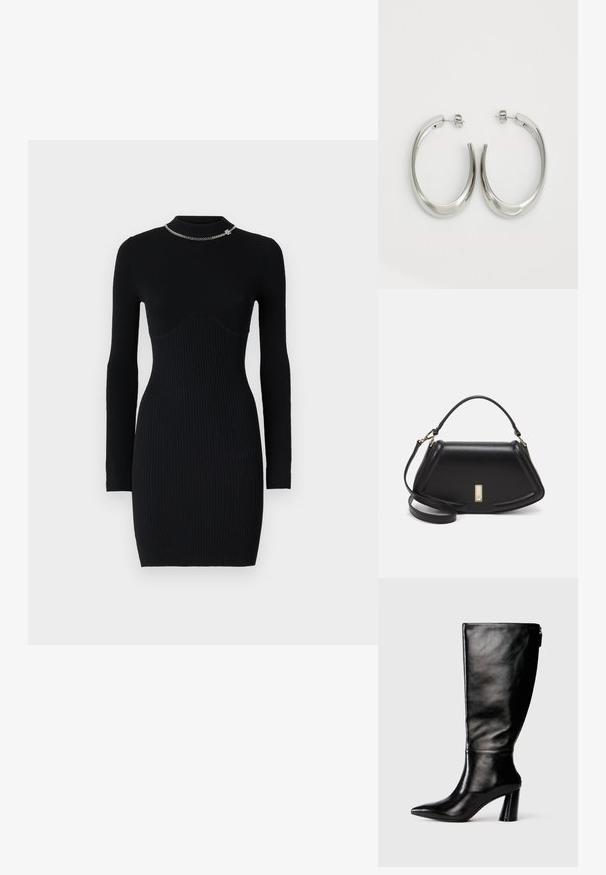 Juoda raštuota ilgomis rankovėmis su kūno prigludimu suknelė. Yra apvalus iškirpimas ir sidabrinė grandinėlė prie apykaklės. Minkšta tekstūra.; Juodai odiniai aukštakulniai batai iki kelių su smailiu nosimi, lygiu paviršiumi ir stambiu kulnu. Yra užtrauktuko detalė gale.; Juoda odinė rankinė su struktūrizuotu dizainu, turi trumpą formą, viršutinę rankeną ir auksinius akcentus. Pridėtas reguliuojamas peties diržas.; Sidabriniai apvalūs auskarai su lygiu, išlenktu dizainu. Yra blizgus metalinis paviršius ir smeigtukų uždarymas. Nėra matomų raštų ar akcentų.