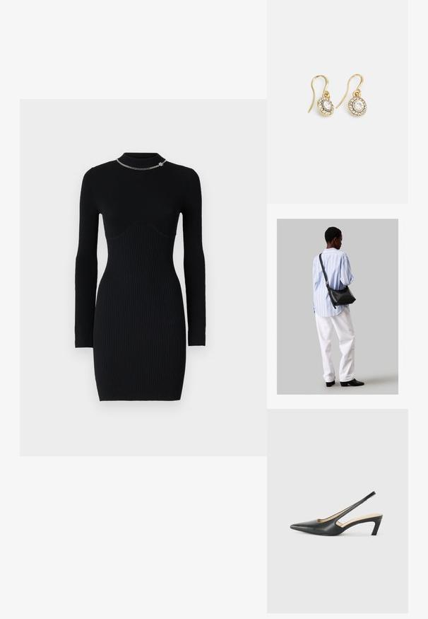 Schwarzes, geripptes Langarmkleid mit figurbetonter Passform. Verfügt über einen Stehkragen und eine silberne Kettenakzentuierung am Kragen. Weiche Textur.; Schwarzer spitz zulaufender Slingback-Schuh mit niedrigem Absatz, der aus glattem Leder gefertigt ist und seitliche Ausschnitte für Atmungsaktivität aufweist.; Schwarze Leder-Umhängetasche mit weicher Textur, dreieckiger Form und verstellbarem Tragegurt, kombiniert mit einem hellblauen gestreiften Hemd und weißen Hosen.; Goldfarbene Ohrringe mit ovalen klaren Kristallen, die von kleineren klaren Steinen umgeben sind, und einem Haken-Design für sicheren Halt.