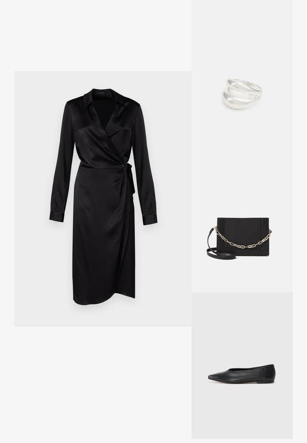 Mustapukuisen satiinimekon, jossa on pitkät hihat, kaulus ja sivusolmu, ominaispiirteenä sileä pinta ja polven pituinen muoto.; Musta nahkainen ballerinatyyppinen kenkä, terävä kärki, minimalinen muotoilu, sileä pinta, matala korko, ei näkyvää metalliosaa tai koristeita.; Musta nahkainen olkalaukku, jossa on sileä pinta, suorakulmainen muoto ja metalliketju yksityiskohtana edessä. Mukana säädettävä hihna.; Hopeinen kaksinkertainen rengas, jossa on sileä, kiillotettu pinta. Siinä on sulava, kaareva muotoilu, jossa on päällekkäisiä osia modernin ilmeen saavuttamiseksi.