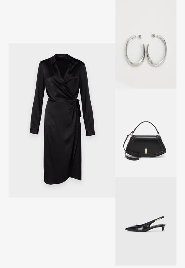 Mustapukuisen satiinimekon, jossa on pitkät hihat, kaulus ja sivusolmu, ominaispiirteenä sileä pinta ja polven pituinen muoto.; Mustat nahkaiset slingback-korkokengät, joissa on terävä kärki, ohuet korot ja kultasävytteinen yksityiskohta säädettävässä hihnassa. Silkkinen pinta.; Mustalla nahkalaukulla, jossa on jämäkkä muotoilu, lyhyt malli, yläkahva ja kultaiset yksityiskohdat. Säädettävä olkahihna sisältyy.; Hope hopeista, joissa on sileä, kaareva muotoilu. Varustettu kiiltävällä metallipinnoitteella ja nappikiinnityksellä. Ei näkyviä kuvioita tai koristeluja.