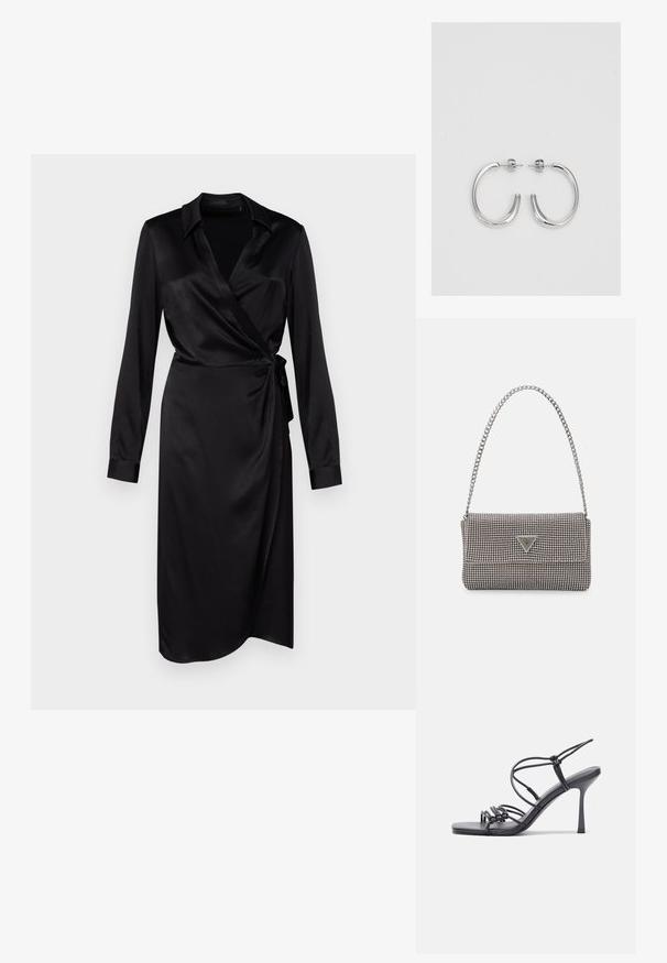 Mustapukuisen satiinimekon, jossa on pitkät hihat, kaulus ja sivusolmu, ominaispiirteenä sileä pinta ja polven pituinen muoto.; Mustat korkokengät sandaalit, joissa on ohuet hihnat solmittuna, sileä neliön muotoinen varvasosa ja tyylikäs stiletto-korko.; Vaalea harmaa metallinen käsilaukku, jossa on ketjusanka. Laukku on koristeltu pienillä pyöreillä metallikoruilla ja kolmion muotoisella brändilogolla.; Hopehopeet hopehopeet hopehopeet hopehopeet, jolla on sileä, kiiltävä pinta. Pyöreä muoto, kevyt rakenne, jossa on neulakiinnitys.