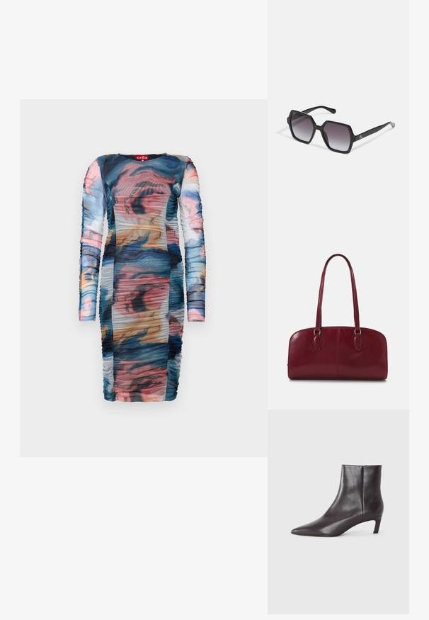 Langermet kjole med et flerfarget abstrakt mønster og rynkede detaljer. Laget av nesten gjennomsiktig, glatt stoff med glitrende aksenter.; Svart lær ankelstøvlett med spiss tå og lav kitten hæl, jevn finish, glidelås på siden, vist på en nøytral bakgrunn.; Svart sekskantede solbriller med gradientlinser, med en blank finish og subtil merkevareføring på stangen. Slitesterk plastkonstruksjon.; Zign LEATHER - Håndveske - dark red
