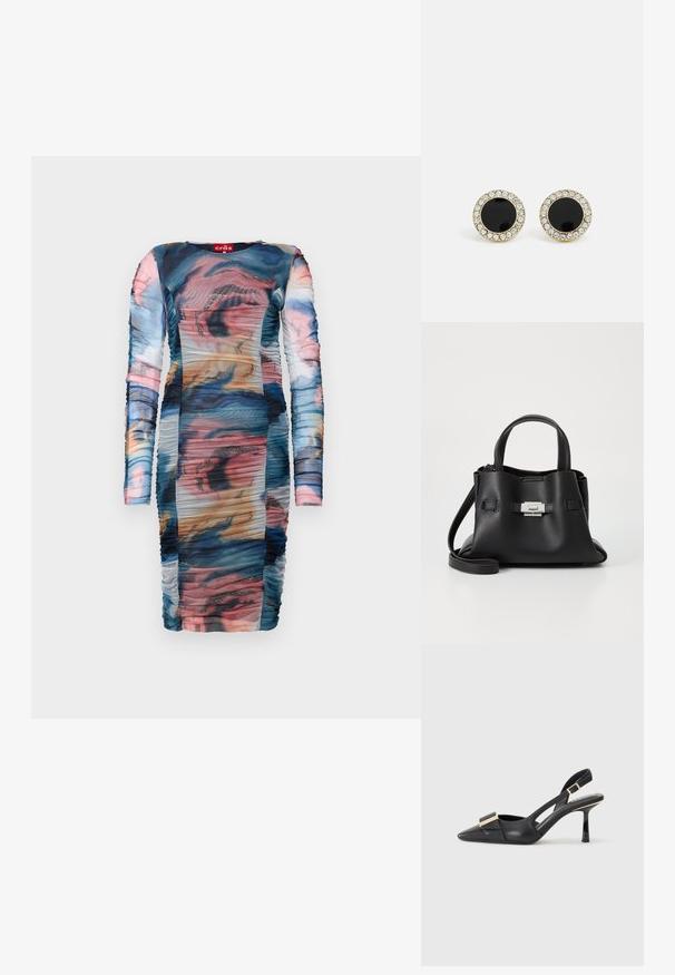 Rochie cu mâneci lungi, prezentând un model abstract multicolor cu pliere. Fabricată dintr-un material fin, transparent, cu accente strălucitoare.; Pantof cu toc slingback din piele neagră, cu vârful ascuțit, toc subțire și accente de hardware în ton de aur pe partea superioară. Textură netedă și design structurat.; Geantă de mână din piele neagră cu o finisare texturată, având două mânere superioare, o curea de umăr detașabilă și un detaliu cu închidere din argint.; DKNY INLAY STUD - Cercei - black/gold-coloured