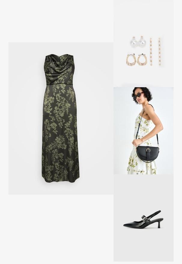 Pikk must kleit, millel on kapuutsiga kaelus ja tume roheline lillemuster. Sile satiinmaterjal; maani ulatuv disain ja kitsa torsoga.; Mustad patenteeritud nahast sildiga kontsad, millel on terav nina ja väike plokk-konts, mille rihmal on hõbedane pandla aksessuaar.; Mustmust mustraha kõverate joontega, eemaldatava rihmaga ja kuldsete detailidega. Kotil on klapp, millel on pandladetail.; Kolm paari kõrvarõngaid: suured valged pärlstudid, kuldsed rõngad läbipaistvate gemmidega ning kaks pikka, sirget kullast aktsentkõrvarõngast sädeleva detailiga.