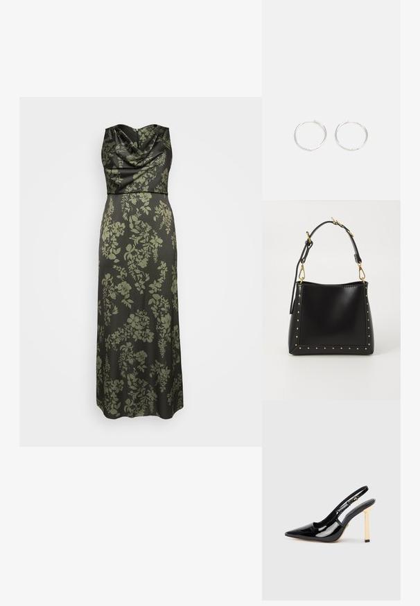 Hosszú fekete ruha, lecsüngő nyakkivágással és sötétzöld virágmintával. Simavásznú anyag; földig érő fazon, testhezálló felsőrész.; Fekete lakkbőr pántos magassarkú cipő hegyes orral és aranyszínű négyzet sarkú díszítéssel. Állítható bokapánttal rendelkezik.; Fekete bőrtáska jól definiált formával, arany szegecsekkel a széleken és levehető pánttal, arany kiegészítőkkel.; Ezüst karika fülbevalók, letisztult, kerek formával, sima felülettel és látható díszítés nélkül. A átmérő nem megadott.