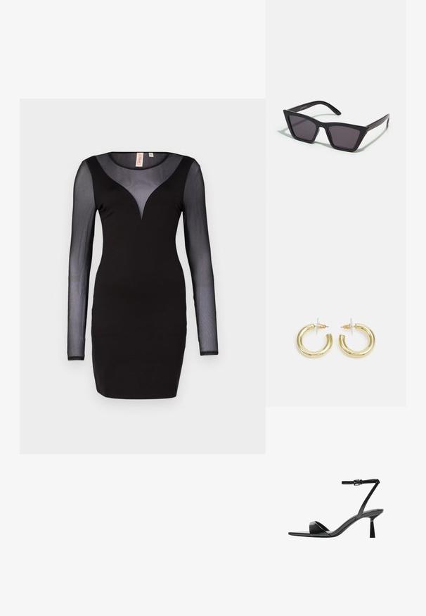 Čierne šaty s dlhými priehľadnými sieťovanými rukávmi a výstrihom do V. Tvarovaný strih vyrobený z hladkej tkaniny, charakteristický jednoduchou siluetou.; Bershka Sandále na vysokom opätku - black; Čierne, ostré slnečné okuliare so sivými sklami; vyrobené z plastu, majú hrubé ramená s hladkým povrchom a bez viditeľnej mechaniky.; Zlaté kruhové náušnice s hladkým, lesklým povrchom. Cirkulárny dizajn s malým steblom a jasným záznamom pre bezpečné nosenie.
