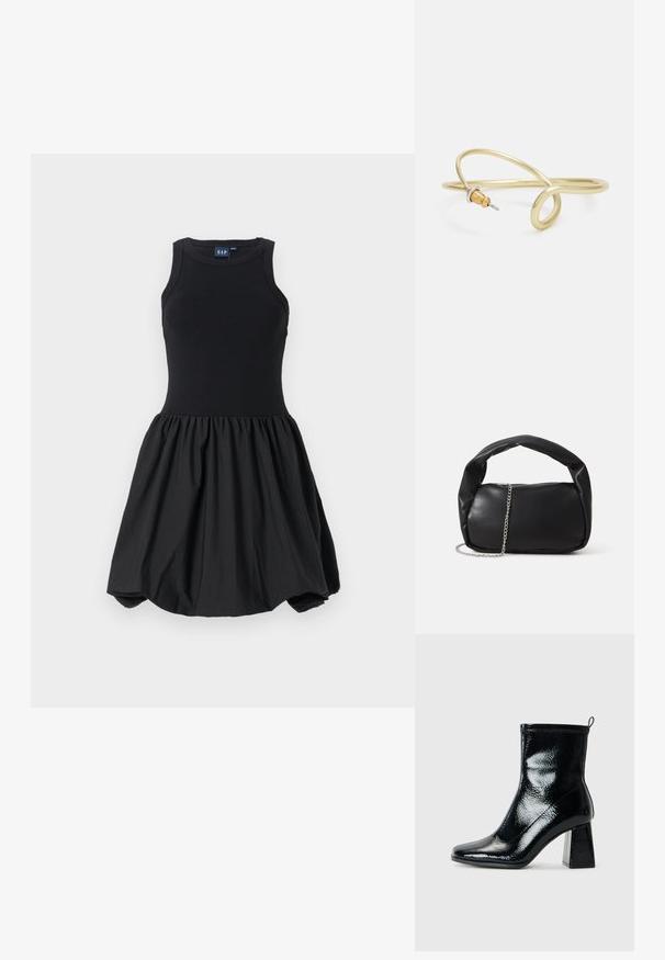 Must mustriga kleit, millel on pehme sobiv tank top ja volümaatne, kokku gathered seelik. Sile tekstuur, valmistatud pehmest kangast, ilma nähtavate mustriteta.; Must värvitud ankle-kingad ruudu toe ja jäme geomeetriline konts. Omab siledat, läikivat tekstuuri ja tagumist tõmmet, mis aitab kergesti jalga panna.; Must must suvekott ümmarguse kujuga, paksu käepideme ja hõbedase kettiga rihmaga. Silmapaistev tekstuur kerge läikega.; Kuldne metallist käevõru, millel on voolav ja kõver disain. Ühel otsal on väike, silmapaistev hõbedane aktsent.