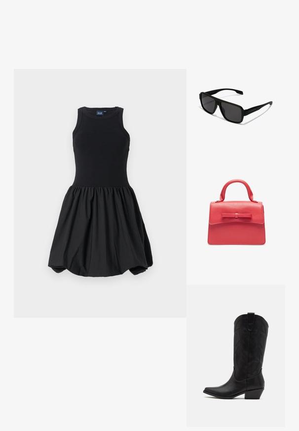 Sort kjole med en tætsiddende tanktop-bodice og en voluminøs, samlet nederdel. Glat tekstur, lavet af blødt stof uden synlige mønstre.; Sort læder cowboystøvle med spids tå, lav stablet hæl og indviklet præget bladmønster på skaftet. Strop øverst for nem påtagning.; Hawkers PARLAY - Solbriller - black; Rød lædertaske med et struktureret design, der har et topgreb og en front sløjfeaccent. Glat tekstur med syede kanter.