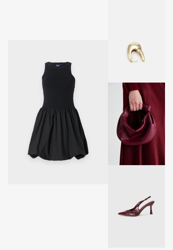 Melnas kleitas virsma ar pieguļošu bezmaku un apjomīgu, saburzītu svārku. Gluda tekstūra, izgatavota no maigas auduma bez redzamām rakstu zīmēm.; Burgundijas lakota āda slingback papēži ar norādītu pirkstu un sakulšanas detaļām, ar plānu papēdi un regulējamu potītes siksnu.; Burgundijas ādas rokassoma ar mīkstu, sakrautu dizainu un apaļu formu. Rokturi ir nostiprināti, parādot gludu tekstūru.; Zeltīti metāla auskari ar gludu, izliekta dizaina. Ar atšķirīgu smailu formu, pulētu virsmu un eņģu aizdari.