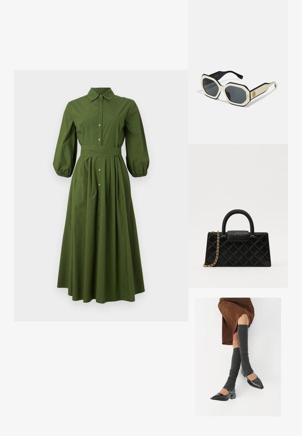 Metsät vihreä pitkähihainen paitamekko, jossa on istuva vyötärö, nappikiinnitys edessä ja virtaava helma. Ominaisuudet sisältävät kauluspään ja puffatut hihat.; Musta lakattu nahkakengät teräväkärkisillä, leveällä kantapäällä ja nilkkahihnalla, yhdistettynä harmaisiin ribattuihin säärystimiin ja ruskeaan mokkasiinimekkoon.; Aurinkolasit, joissa on oktaalinen valkoinen kehys, mustat reunat ja harmaat linssit. Kullanvärinen logotietue sivussa lisää yhtenäisen akcentin.; Mustaväri käsilaukku, joka on valmistettu teksturoidusta nahasta ja jossa on timanttikuvio, kultasävyinen ketjuolkaintassa ja pääkahva, jossa on logolla painettu läppä.