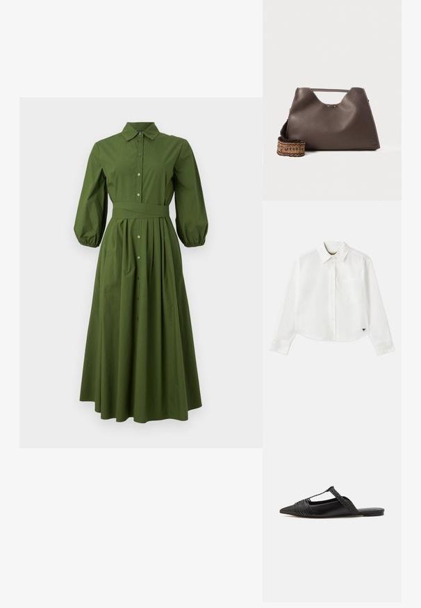 Dlhé šaty v lesnej zelenej farbe s dlhými rukávmi, priliehavým pásom, predným zapínaním na gombíky a splývavou sukňou. Obsahujú golier a naberané rukávy.; Biely skrátený dlhý rukáv košeľa vyrobená z bavlny. Má gombíkový predný zapínanie, vrecko na hrudi a malé čierne logo na spodnej ľavej strane.; Čierne kožené sandále so špičatou špičkou, ktoré majú tkaný detail a zborený dizajn vrchnej časti. Plochá podrážka s minimálnym hardvérom.; Hnedá kožená kabelka s textúrovaným povrchom, ostrým dizajnom a charakteristickou hornou rúčkou. Obsahuje detail so vzorovaným tkaným pásikom.