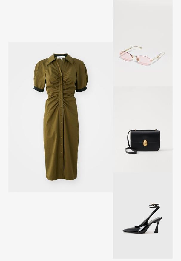 Olive roheline keskmise pikkusega kleit, millel on pehme disain, lühikesed puffvarrukad, krae ja eessuunalised nööpide sulgemised. Mustad varrukaaktsendid.; Mustad läikivad patendiga slingback-kõrged kontsad, millel on terav põlv ja reguleeritav pahkluu rihm, ning mõõdukas plokknukk. Sile tekstuur läikiva viimistlusega.; Gucci Päikeseprillid - gold-coloured/pink; Must kase nahast käekott, millel on struktureeritud ristkülikukujuline kuju. Omab kuldset ovaalset lukku ja õhukest õlavarre rihma. Sile tekstuur.