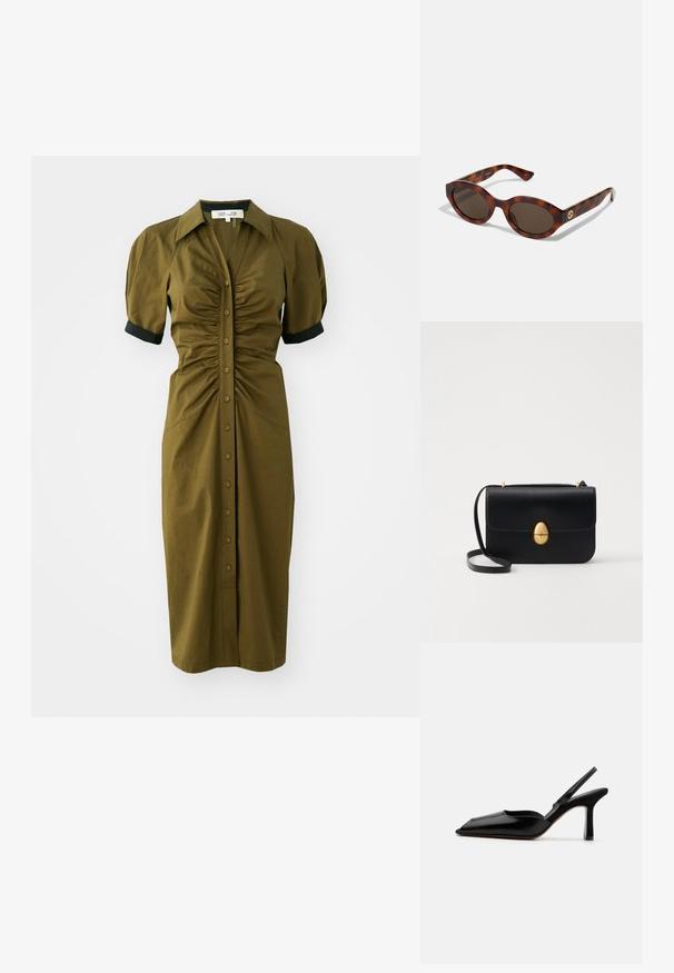 Olivza zaļš vidēja garuma kleita ar pieguļošu dizainu, īsām puff piedurknēm, apkakles kaklu un pogu aizdari pa priekšpusi. Melni piedurkņu akcenti.; Melnas ādas slingback kurpes ar norādītu purngalu, minimālisma dizainu, plānu potītes jostu un elegantām stiletto papēžiem. Gluda tekstūra.; Tortoise krāsas saulesbrilles ar noapaļotiem ietvariem, tumšiem stikliem un zelta logotipa detaļām uz tempļiem. Gluda plastmasas materiāls, bez redzamām rakstu formām.; Melnas ādas rokassomu ar strukturētu taisnstūra formu. Iespējas zelta ovāla slēdzis un plāns plecu siksna. Gluda tekstūra.