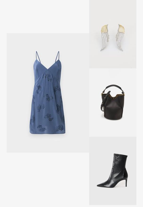 Zadig & Voltaire RAMELI IVY - Vapaa-ajan mekko - officer; Mustat nilkkurit, jotka on valmistettu sileästä nahasta. Kenkien kärki on terävä, varsi on tiukka ja korko on hoikka ja korkea. Minimalistinen muotoilu ilman näkyvää metalliosaa.; Mustan nahka-buckettikassi, jossa on teksturoitu pinta, kultaiset metalliosat ja avoin yläosa. Ominaisuuksiin kuuluu lyhyt kahva ja säädettävä olkahihna.; Kaksi siipi-muotoista korvakorua, joissa on hopeanväristä metallia, kirkasta pyöreäpintaista strassia ja kultasävyisiä metallikoristeita kerrostetussa muotoilussa.