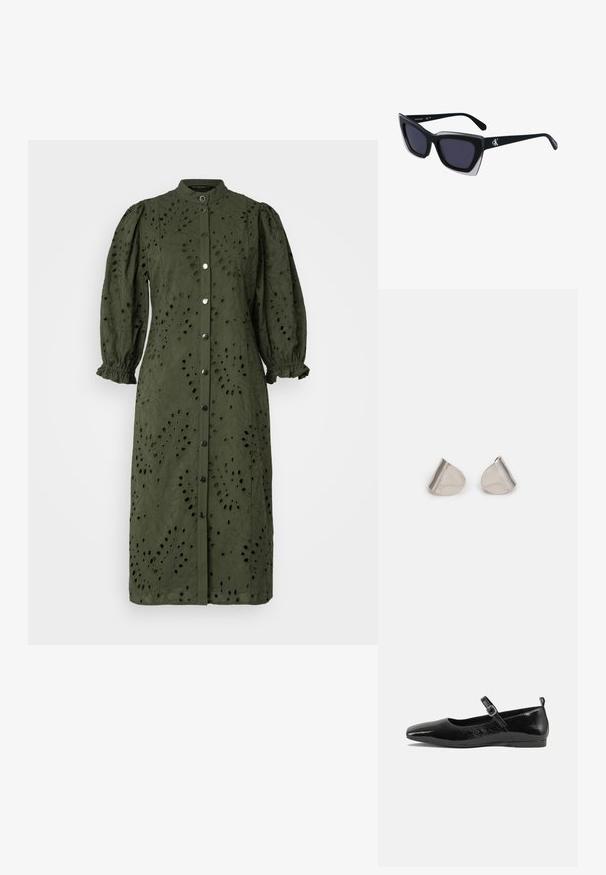 Olivově zelené midi šaty z texturované tkaniny s knoflíkovým zapínáním, vysokým límcem a nafouknutými rukávy, které mají po celém povrchu vystřižené květinové vzory.; Černá lakovaná balerína s špičatou špičkou, kotníkovým páskem s přezkou a hladkým, lesklým povrchem. Nízký podpatek pro pohodlí.; Černé oversized sluneční brýle geometrického tvaru, s tmavými skly a kontrastním šedým detailem na rámu. Logo na rameni.; Stříbrné kovové náušnice s hladkým tvarem slzy a lesklým povrchem. Jemné rytiny přidávají detail. Minimalistický design.