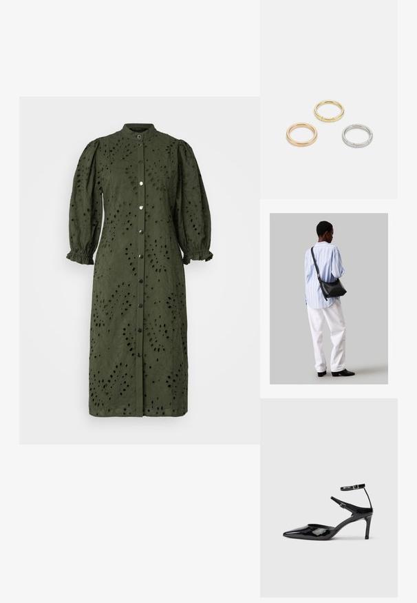 Olive roheline midi kleit, mis on valmistatud tekstuurilisest kangast, nööpidega esiküljel, kõrge kraega ja puffpirniga varrukatega, millel on kogu kleidi ulatuses lõigatud lillemustrid.; Mustad nahast mustad kontsad terava ninaga, reguleeritavate pahkluu rihmade ja õhukese kontsaga. Sile tekstuur läikiva viimistlusega.; Must have mustras alasi nahkpatsi, pehme tekstuuriga, kolmnurkse kujuga ja reguleeritava rihmaga, koos helesinise triibulise särgi ja valgete pükstega.; Kolme metallist rõngast: üks roosa kuld, üks kuld tekstuursete aktsentidega ja üks hõbe, kõik sisepoolt graveeritud brändinguga.