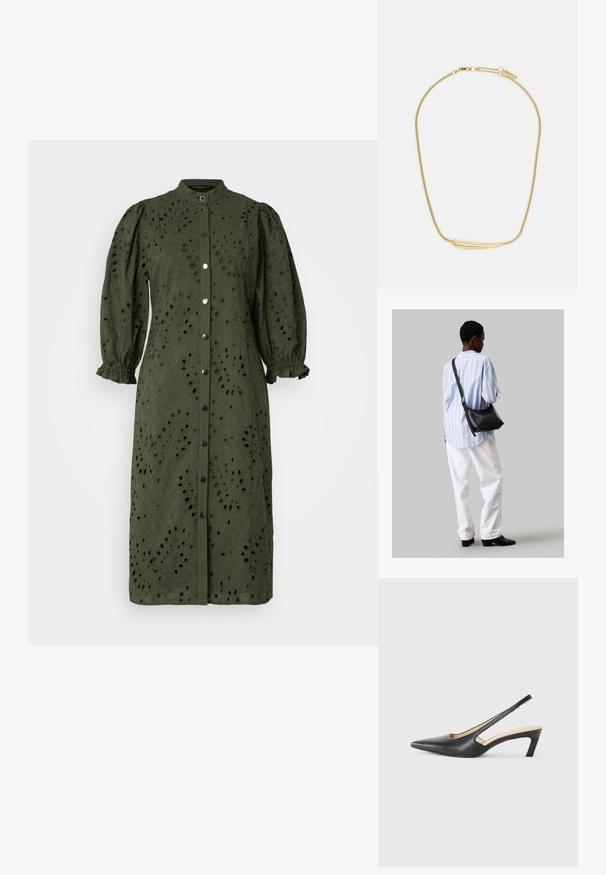 Olive zaļš midi kleita, izgatavota no teksturēta auduma ar pogu priekšpusi, augstu apkakli un puffētiem piedurknēm, kurai visā kleitā ir izgriezti ziedu raksti.; Melna, ar smailu purngalu, slingback kurpe ar zemu papēdi, izgatavota no gludas ādas materiāla un ar izgriezumiem sānos gaisa caurlaidībai.; Melna ādas plecu soma ar mīkstu tekstūru, trīsstūra formu un regulējamu siksnu, apvienota ar gaiši zilu svītrotu krekli un baltām biksēm.; Zelta apšuvuma kaklarota ar gludu, izliekta centrālo akcentu. Iekļauj elastīgu ķēdi ar homaru slēdzeni un papildu regulējamām ķēdes saitēm.