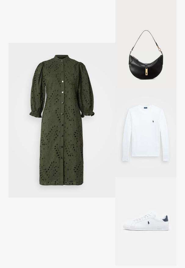 Olivno zelena midi obleka iz teksturirane tkanine z gumbom spredaj, visokim ovratnikom in napihnjenimi rokavi, ki vsebuje izrezljane cvetlične vzorce po vsej obleki.; Bela dolga majica z dolgimi rokavi, bombažni material, okrogla neckline, z majhnim mornarsko modrim logotipom na levem prsnem delu. Preprost dizajn, običajen kroj.; Bele športne copate iz belega usnja z gladko površino, mornarsko modrimi detajli in majhnim logotipom na strani. Imajo ravne vezalke in teksturiran gumijast podplat.; Črna usnjena torbica v obliki polmeseca. Ima zlato kovinsko dekoracijo in ozek trak. Gladka tekstura, z zadrgo na vrhu.