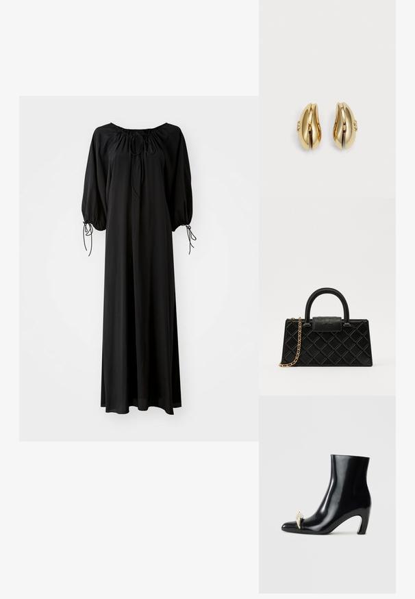 Fekete, hosszú ruha széles ujjal és kerek nyakkivágással. A nyaknál és az ujjak végén húzózsinórok találhatók. Könnyű, sima anyagból készült.; Fekete bokacsizma fényes bőrből, hegyes orral és díszes arany- és ezüstszínű részlettel az elején. Tömör sarok kialakítás.; Fekete kézitáska texturált bőrből, gyémántmintázattal, aranyszínű láncos pánttal és logóval gravírozott fedélzárral ellátott felső fogantyúval.; Aranyszínű fülbevalók, amelyek áramló, ívelt formájúak. Minden fülbevaló sima felülettel és egy kis kapoccsal rendelkezik, amely dekoratív részletet tartalmaz.